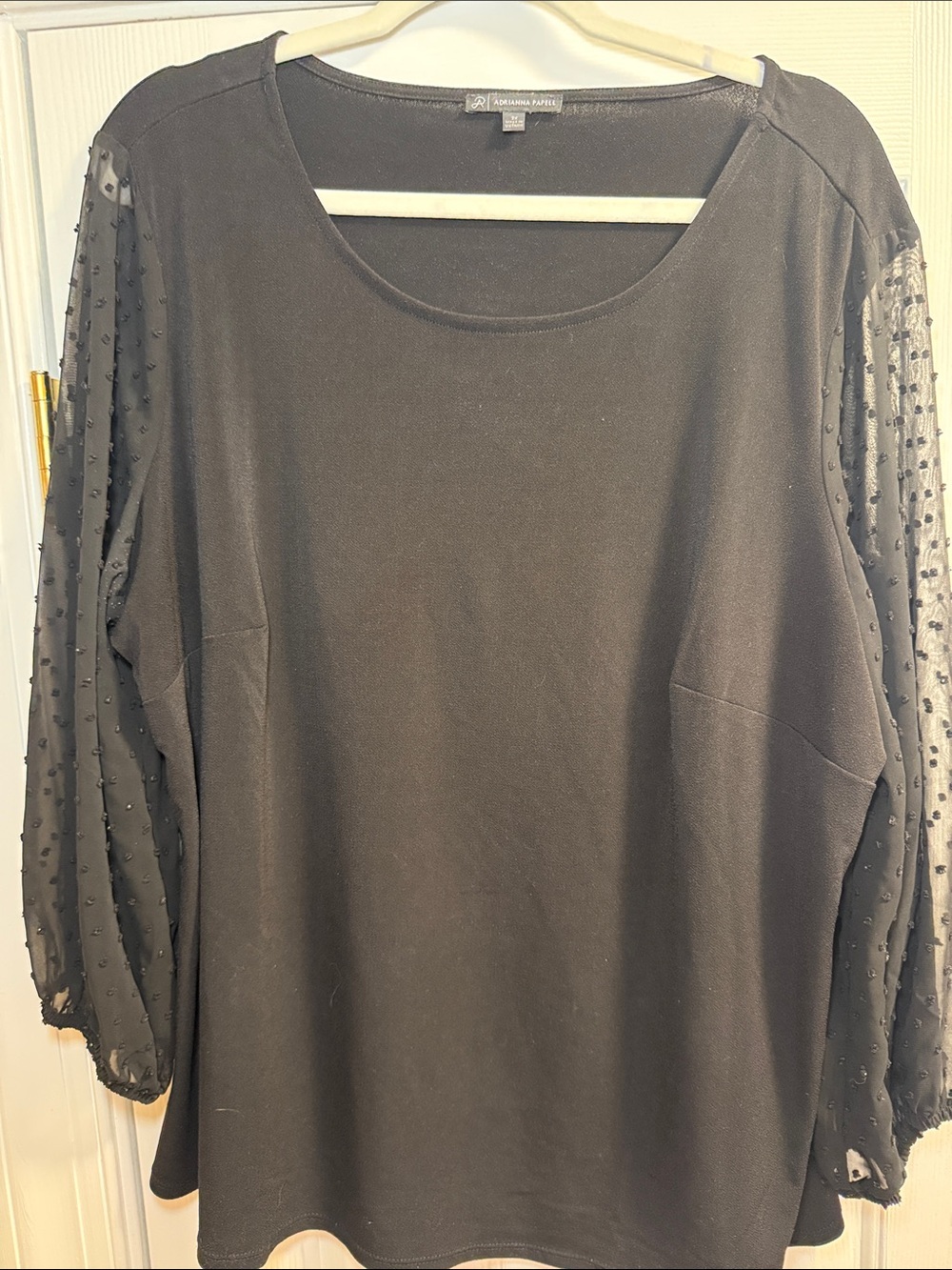 Adrianna Papell Black Scoop Neck Top with Sheer Dot Sleeves